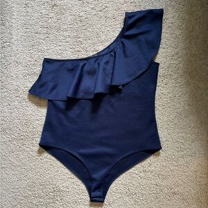 NWOT plus size navy blue one shoulder flutter neck bodysuit